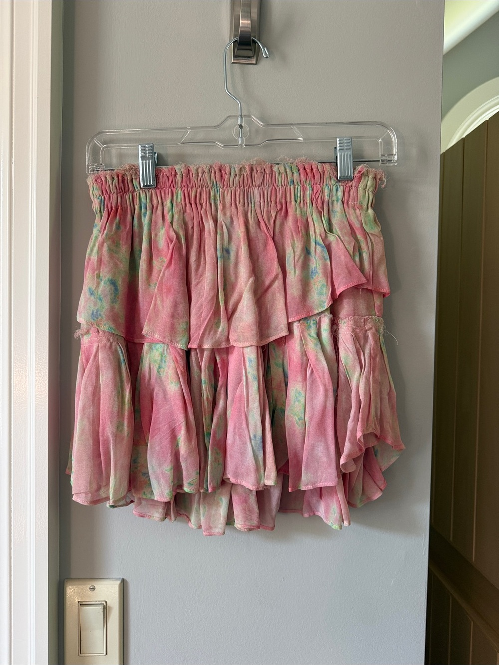 LoveShackFancy Pink Tie-Dye Ruffled Mini Skirt